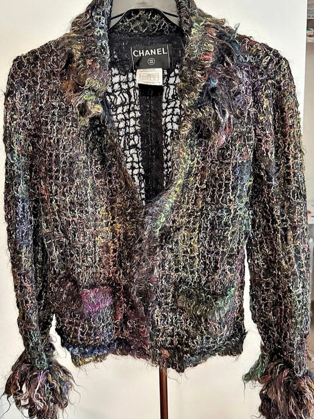 Chanel 03A Mohair Blend Fringe Jacket Tweed Blazer in Black & Multicolor Size